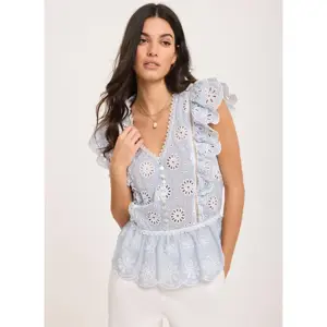 Mint Velvet Blue Cotton Broderie Striped Top